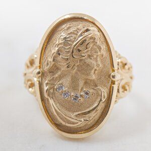 14K Gold Cameo-Style Portrait Ring with Diamond Accents – 6.93g